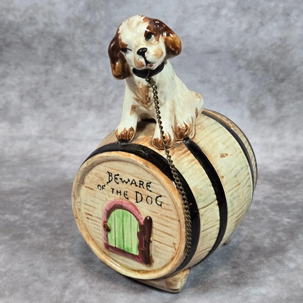 Vintage Piggy Bank‎ Beware of Dog Doghouse Barrel Ceramic